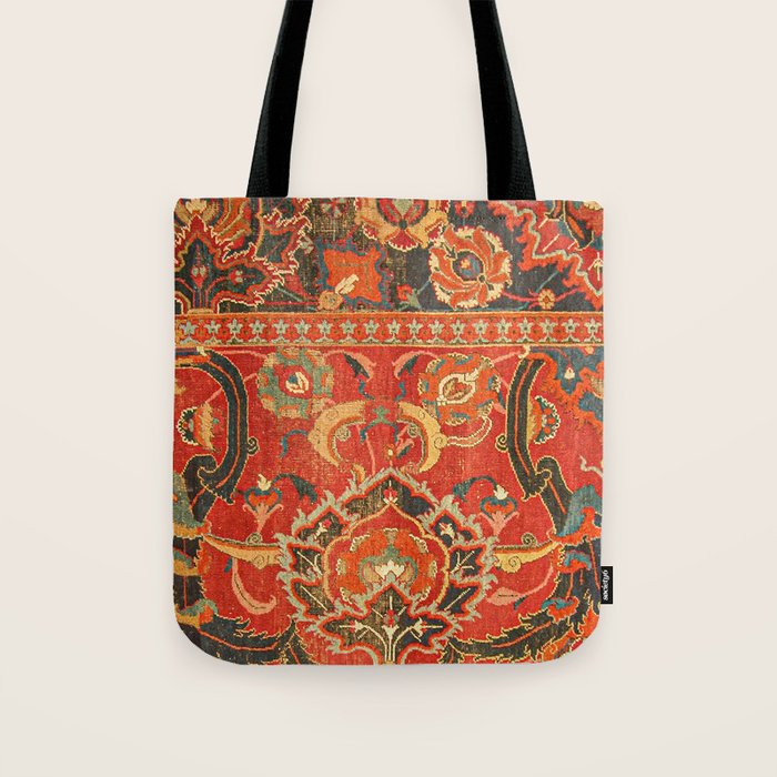 Red Arabic Rug I // 17th Century Colorful Firey Red Light Teal Sapphire Navy Blue Ornate Pattern Tote Bag Gallery Image 1