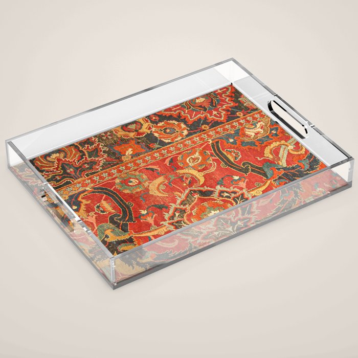 Red Arabic Rug I // 17th Century Colorful Firey Red Light Teal Sapphire Navy Blue Ornate Pattern Acrylic Tray Gallery Image 1