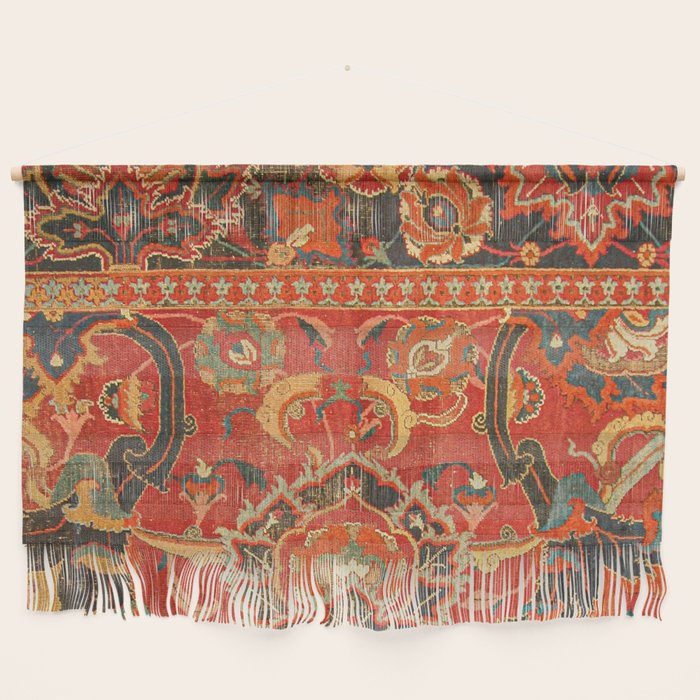 Red Arabic Rug I // 17th Century Colorful Firey Red Light Teal Sapphire Navy Blue Ornate Pattern Wall Hanging Gallery Image 1