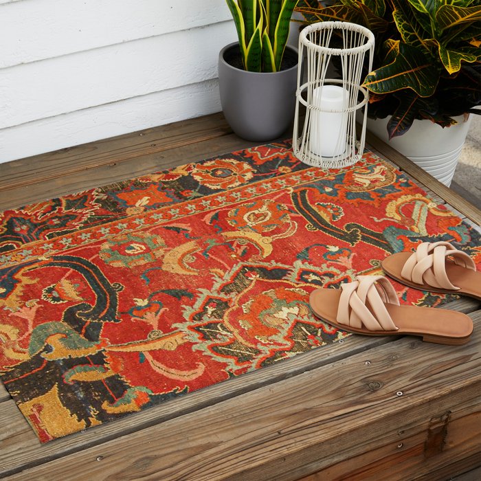 Red Arabic Rug I // 17th Century Colorful Firey Red Light Teal Sapphire Navy Blue Ornate Pattern Outdoor Rug Gallery Image 2