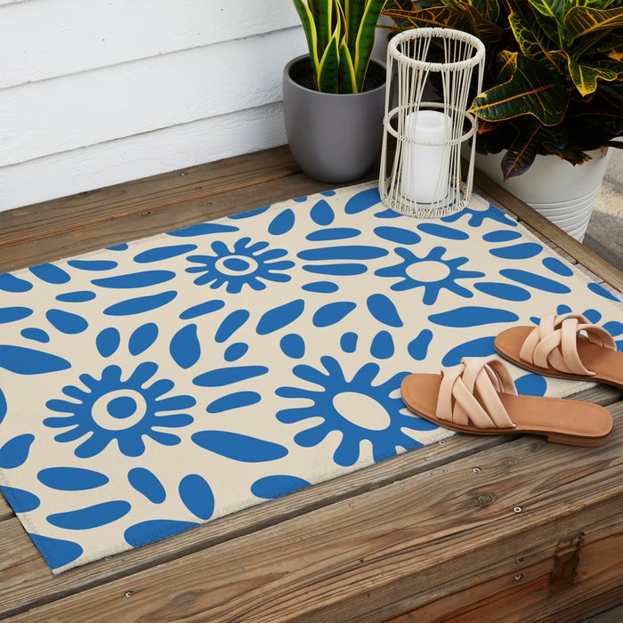 Abstract blue nature flower art pattern Outdoor Rug Gallery Image 2