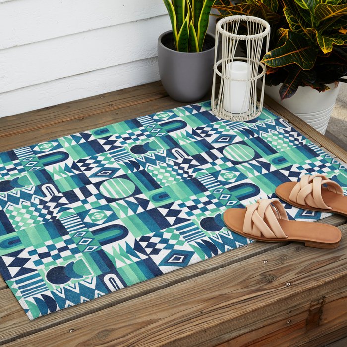 Geometric Tapestry - Aqua Outdoor Rug Gallery Image 2