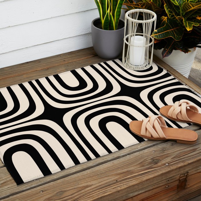 Midcentury Modern Confaab Abstract Pattern in Black and Almond Cream  Outdoor Rug Gallery Image 2