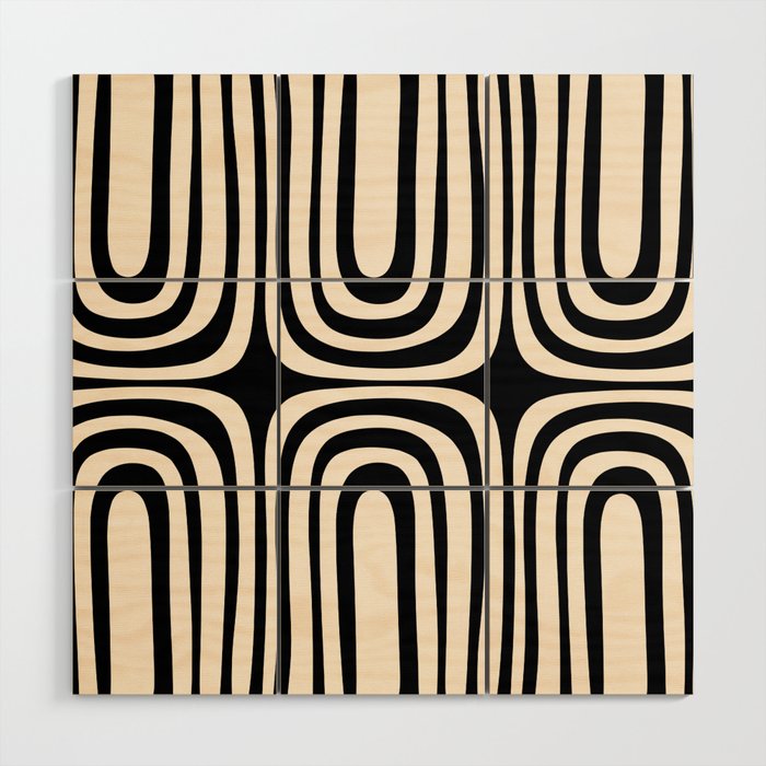 Midcentury Modern Confaab Abstract Pattern in Black and Almond Cream  Wood Wall Art Gallery Image 1