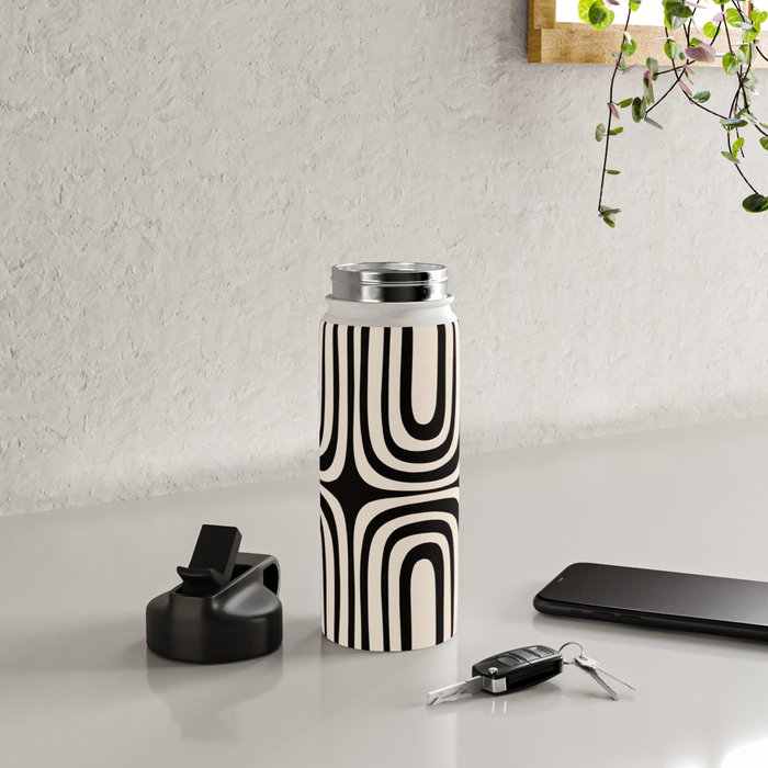 Midcentury Modern Confaab Abstract Pattern in Black and Almond Cream  Water Bottle Gallery Image 4
