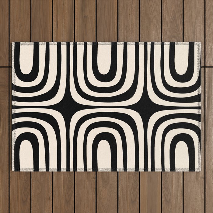 Midcentury Modern Confaab Abstract Pattern in Black and Almond Cream  Outdoor Rug Gallery Image 1