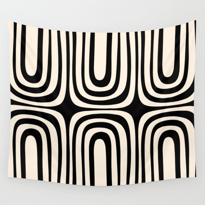 Midcentury Modern Confaab Abstract Pattern in Black and Almond Cream  Wall Tapestry Gallery Image 1