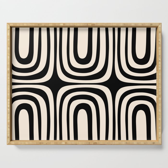Midcentury Modern Confaab Abstract Pattern in Black and Almond Cream  Serving Tray Gallery Image 1