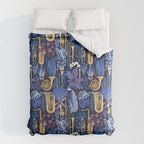 Music to my eyes // oxford navy blue background gold textured musical instruments blue indoor plants coral music notes Duvet Cover Gallery Image 6