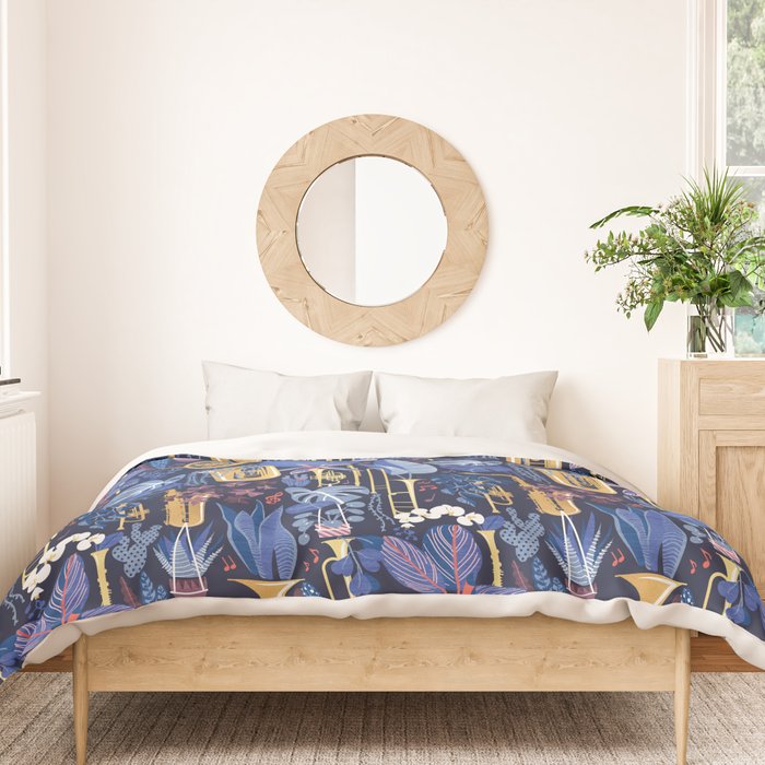 Music to my eyes // oxford navy blue background gold textured musical instruments blue indoor plants coral music notes Duvet Cover Gallery Image 3