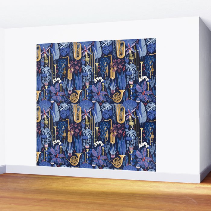 Music to my eyes // oxford navy blue background gold textured musical instruments blue indoor plants coral music notes Wall Mural Gallery Image 2