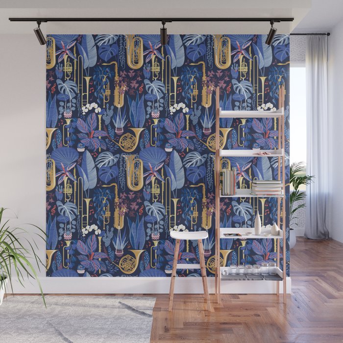 Music to my eyes // oxford navy blue background gold textured musical instruments blue indoor plants coral music notes Wall Mural Gallery Image 1