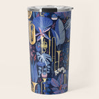 Music to my eyes // oxford navy blue background gold textured musical instruments blue indoor plants coral music notes Travel Mug Gallery Image 1