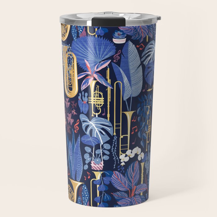Music to my eyes // oxford navy blue background gold textured musical instruments blue indoor plants coral music notes Travel Mug Gallery Image 1