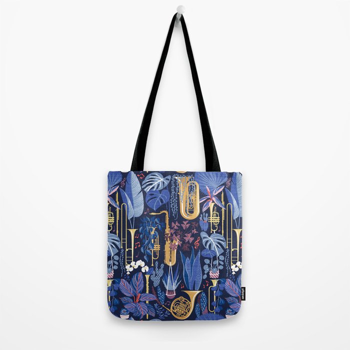Music to my eyes // oxford navy blue background gold textured musical instruments blue indoor plants coral music notes Tote Bag Gallery Image 2