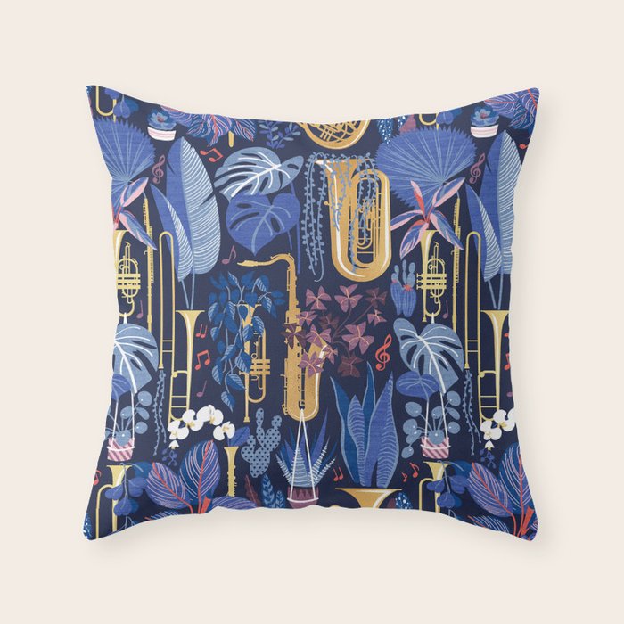 Music to my eyes // oxford navy blue background gold textured musical instruments blue indoor plants coral music notes Throw Pillow Gallery Image 6