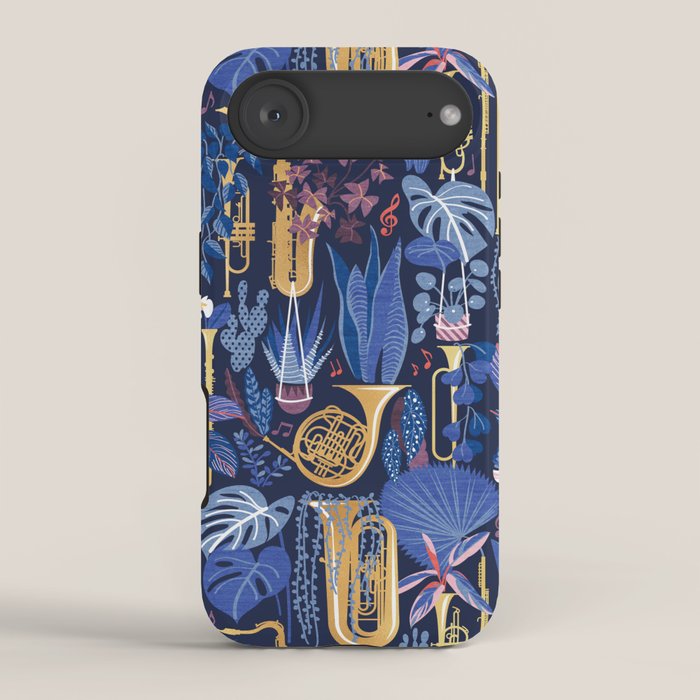 Music to my eyes // oxford navy blue background gold textured musical instruments blue indoor plants coral music notes iPhone Case Gallery Image 2