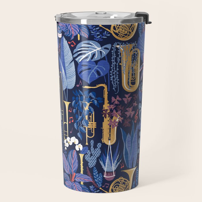 Music to my eyes // oxford navy blue background gold textured musical instruments blue indoor plants coral music notes Travel Mug Gallery Image 2