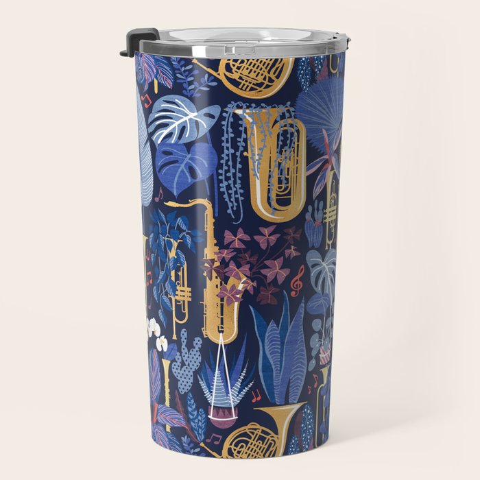 Music to my eyes // oxford navy blue background gold textured musical instruments blue indoor plants coral music notes Travel Mug Gallery Image 3