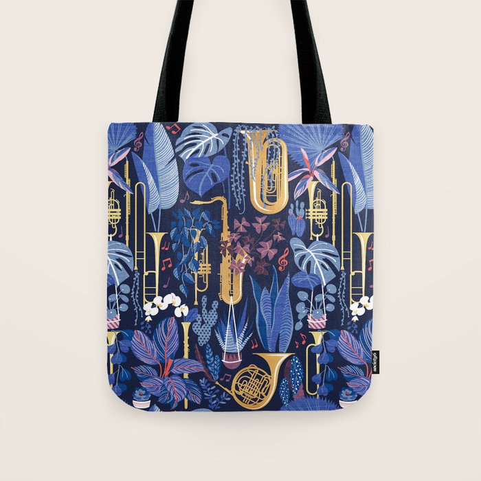 Music to my eyes // oxford navy blue background gold textured musical instruments blue indoor plants coral music notes Tote Bag Gallery Image 1