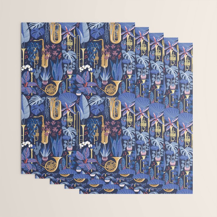 Music to my eyes // oxford navy blue background gold textured musical instruments blue indoor plants coral music notes Wrapping Paper Gallery Image 3