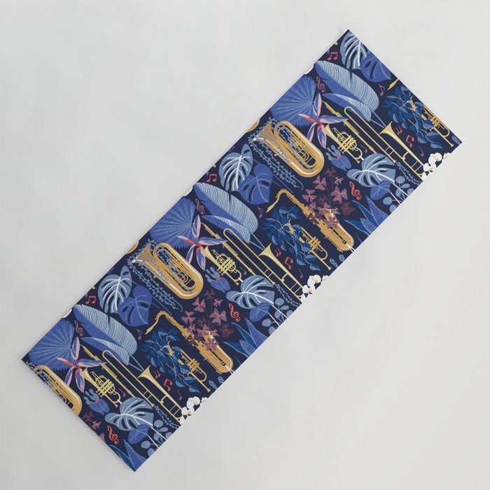 Music to my eyes // oxford navy blue background gold textured musical instruments blue indoor plants coral music notes Yoga Mat Gallery Image 1