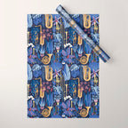 Music to my eyes // oxford navy blue background gold textured musical instruments blue indoor plants coral music notes Wrapping Paper Gallery Image 1