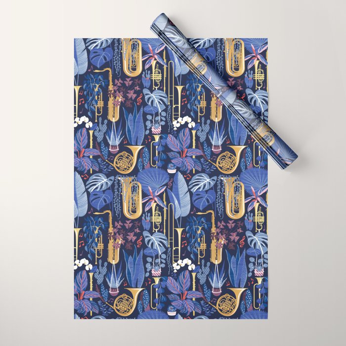 Music to my eyes // oxford navy blue background gold textured musical instruments blue indoor plants coral music notes Wrapping Paper Gallery Image 1