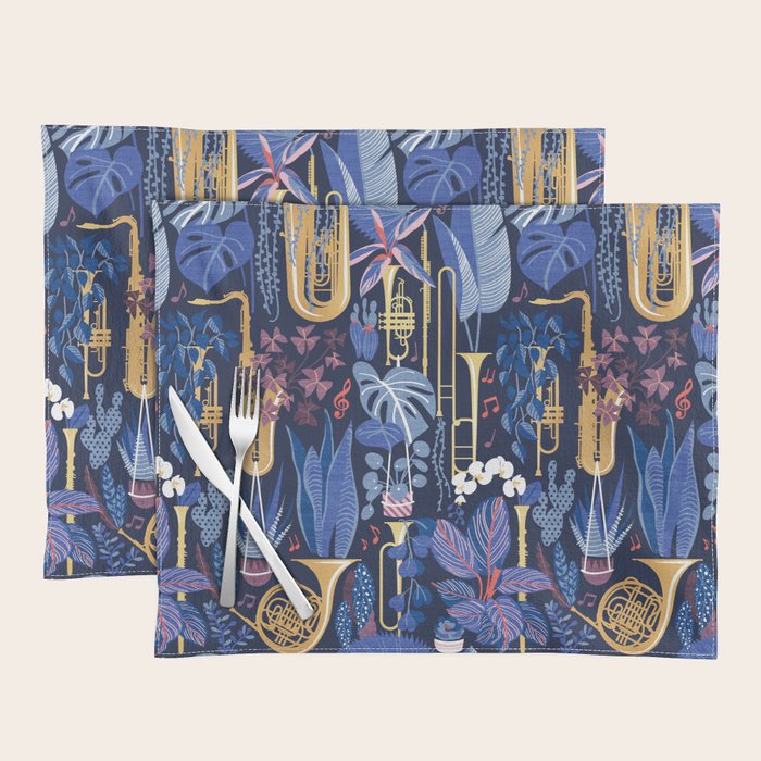 Music to my eyes // oxford navy blue background gold textured musical instruments blue indoor plants coral music notes Placemat Gallery Image 1