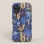 Music to my eyes // oxford navy blue background gold textured musical instruments blue indoor plants coral music notes iPhone Case Gallery Image 1