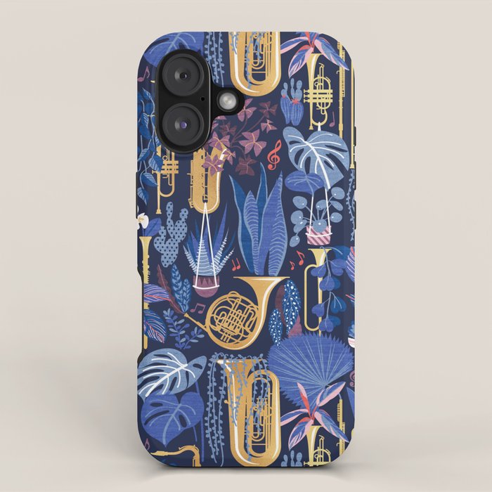 Music to my eyes // oxford navy blue background gold textured musical instruments blue indoor plants coral music notes iPhone Case Gallery Image 1