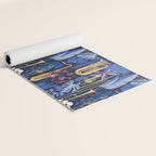 Music to my eyes // oxford navy blue background gold textured musical instruments blue indoor plants coral music notes Yoga Mat Gallery Image 2