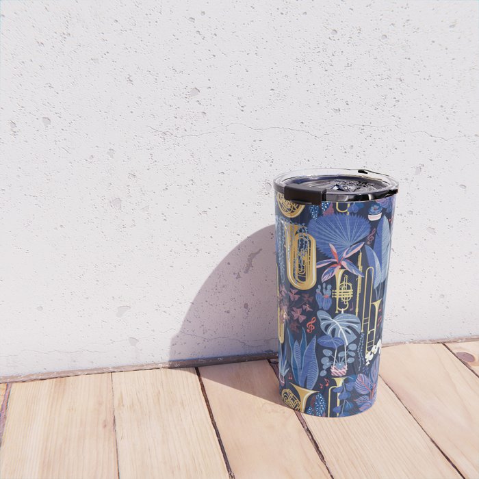 Music to my eyes // oxford navy blue background gold textured musical instruments blue indoor plants coral music notes Travel Mug Gallery Image 4