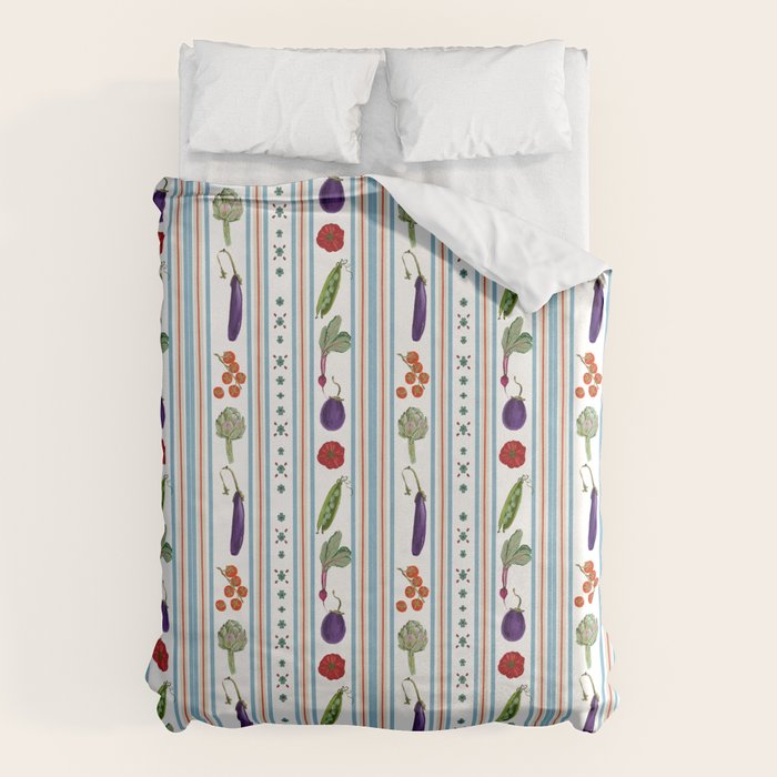 Farmers Market Vegetable Stripe Pattern  Mediterranean Garden Art with Eggplant Tomato and Artichoke Duvet Cover Gallery Image 6