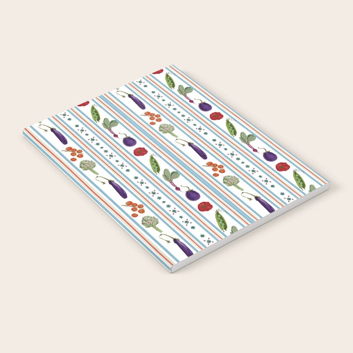 Farmers Market Vegetable Stripe Pattern  Mediterranean Garden Art with Eggplant Tomato and Artichoke Notebook Gallery Image 1