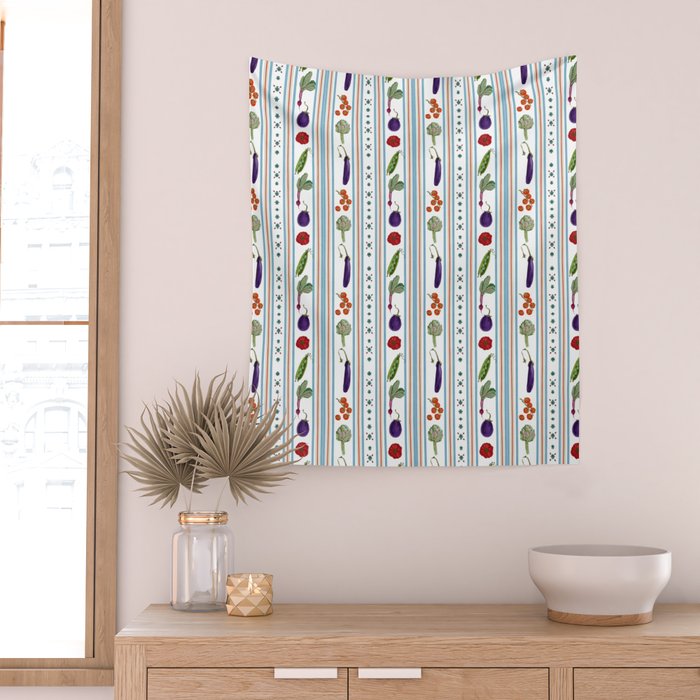 Farmers Market Vegetable Stripe Pattern  Mediterranean Garden Art with Eggplant Tomato and Artichoke Wall Tapestry Gallery Image 2