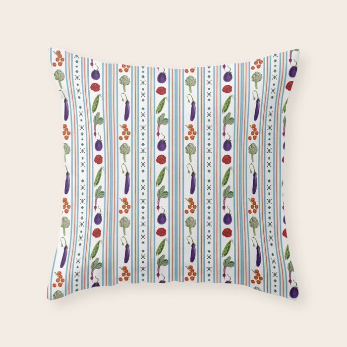Farmers Market Vegetable Stripe Pattern  Mediterranean Garden Art with Eggplant Tomato and Artichoke Throw Pillow Gallery Image 1