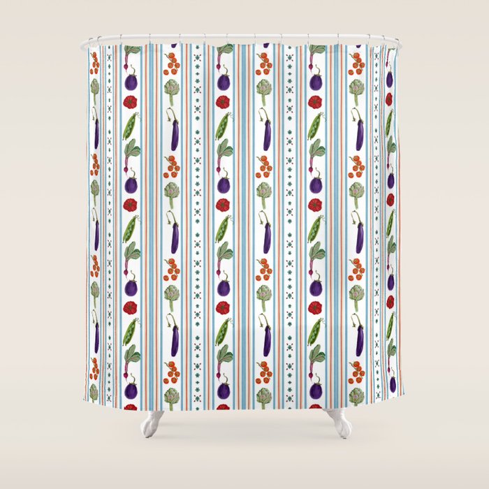 Farmers Market Vegetable Stripe Pattern  Mediterranean Garden Art with Eggplant Tomato and Artichoke Shower Curtain Gallery Image 1