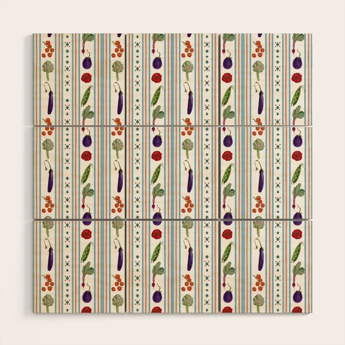 Farmers Market Vegetable Stripe Pattern  Mediterranean Garden Art with Eggplant Tomato and Artichoke Wood Wall Art Gallery Image 1