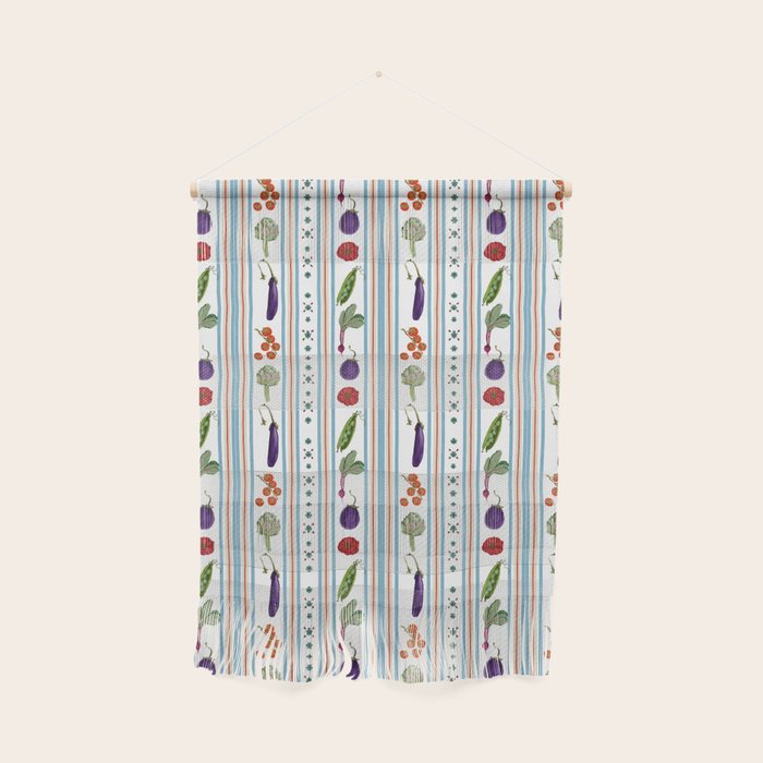 Farmers Market Vegetable Stripe Pattern  Mediterranean Garden Art with Eggplant Tomato and Artichoke Wall Hanging Gallery Image 1