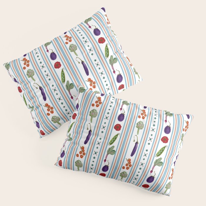 Farmers Market Vegetable Stripe Pattern  Mediterranean Garden Art with Eggplant Tomato and Artichoke Pillow Sham Gallery Image 1