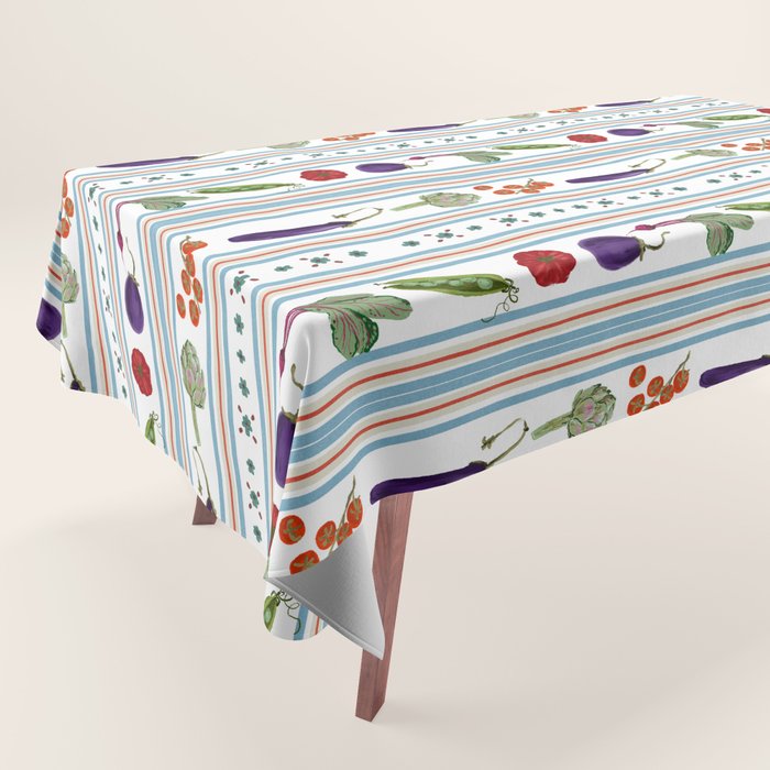Farmers Market Vegetable Stripe Pattern  Mediterranean Garden Art with Eggplant Tomato and Artichoke Tablecloth Gallery Image 1