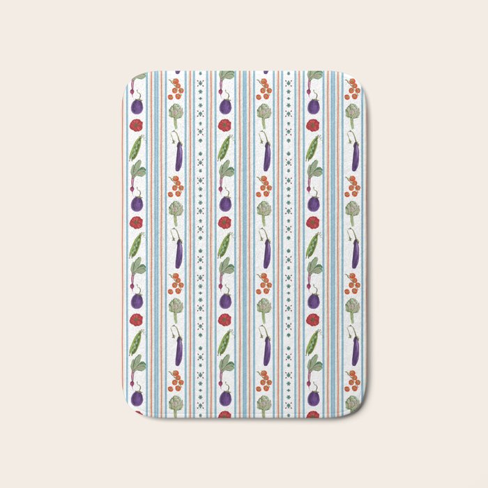 Farmers Market Vegetable Stripe Pattern  Mediterranean Garden Art with Eggplant Tomato and Artichoke Bath Mat Gallery Image 1