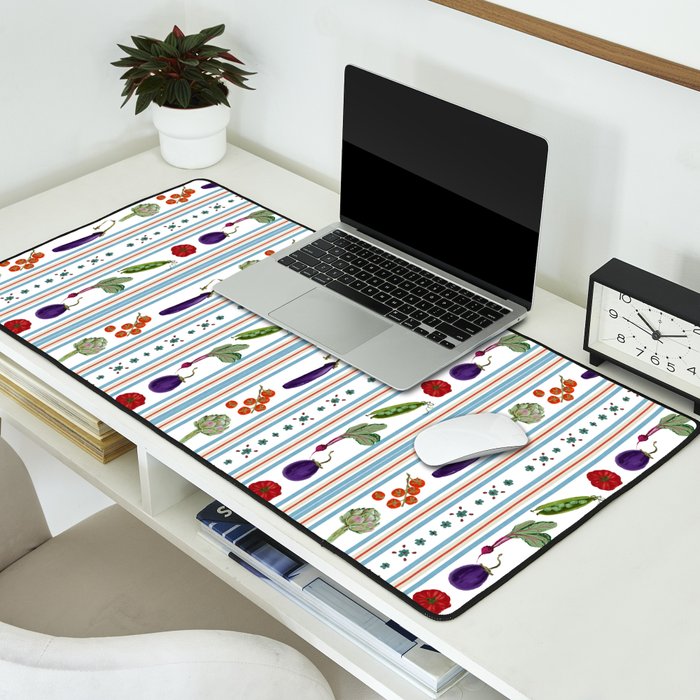 Farmers Market Vegetable Stripe Pattern  Mediterranean Garden Art with Eggplant Tomato and Artichoke Desk Mat Gallery Image 2