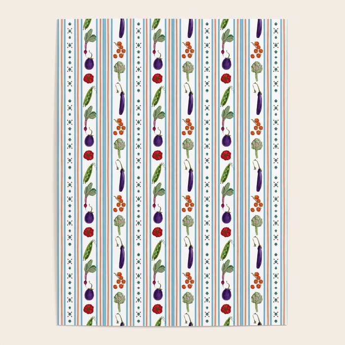 Farmers Market Vegetable Stripe Pattern  Mediterranean Garden Art with Eggplant Tomato and Artichoke Poster Gallery Image 4
