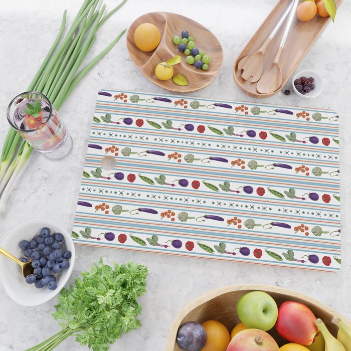 Farmers Market Vegetable Stripe Pattern  Mediterranean Garden Art with Eggplant Tomato and Artichoke Cutting Board Gallery Image 2