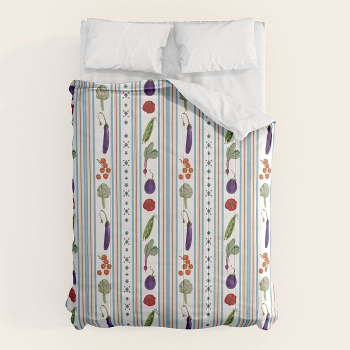Farmers Market Vegetable Stripe Pattern  Mediterranean Garden Art with Eggplant Tomato and Artichoke Comforter Gallery Image 1