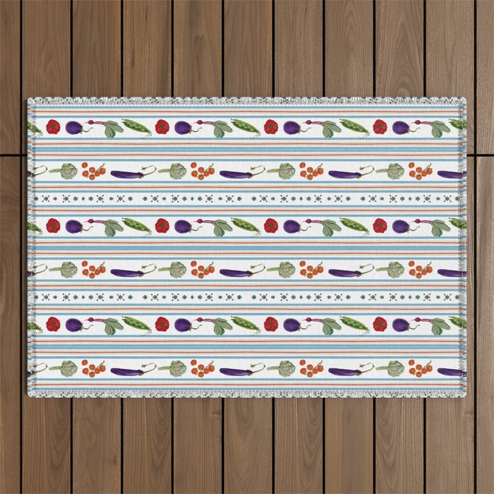 Farmers Market Vegetable Stripe Pattern  Mediterranean Garden Art with Eggplant Tomato and Artichoke Outdoor Rug Gallery Image 1