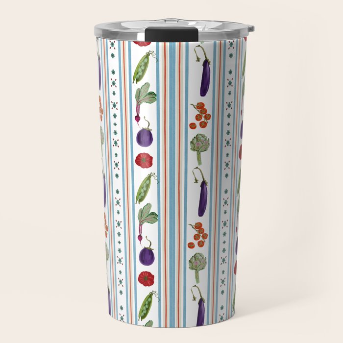 Farmers Market Vegetable Stripe Pattern  Mediterranean Garden Art with Eggplant Tomato and Artichoke Travel Mug Gallery Image 1