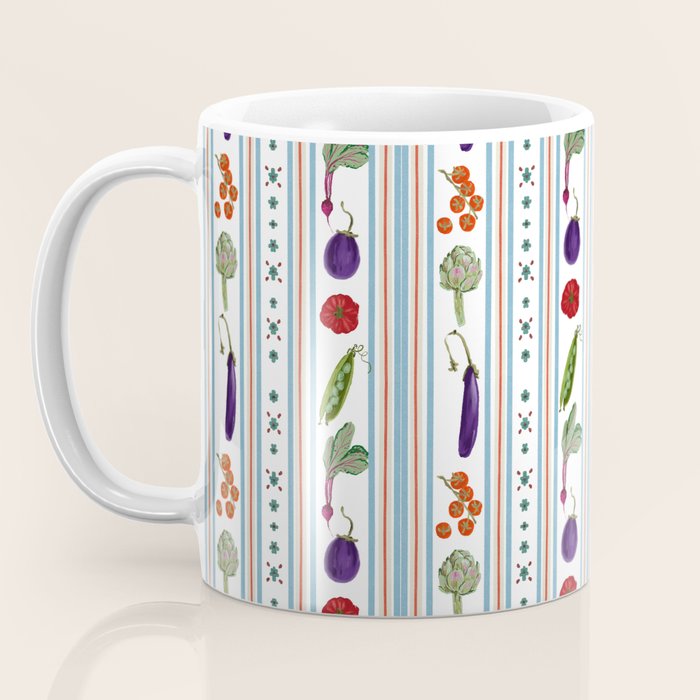 Farmers Market Vegetable Stripe Pattern  Mediterranean Garden Art with Eggplant Tomato and Artichoke Coffee Mug Gallery Image 3